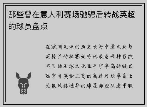 那些曾在意大利赛场驰骋后转战英超的球员盘点