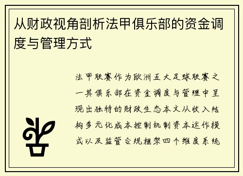 从财政视角剖析法甲俱乐部的资金调度与管理方式